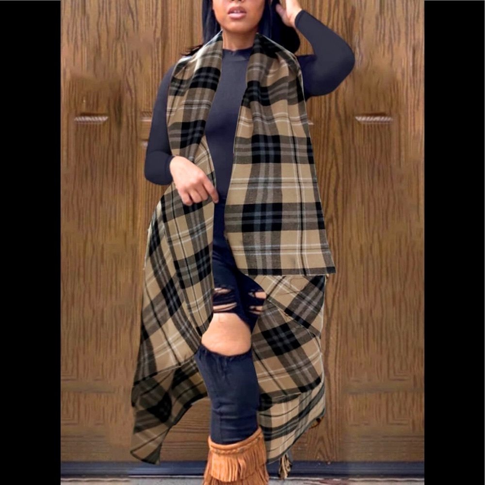 Trendy Sleeveless Flannel/Grid Print Coffee Coat/Capes /Shaws/ Cloaks /Winter